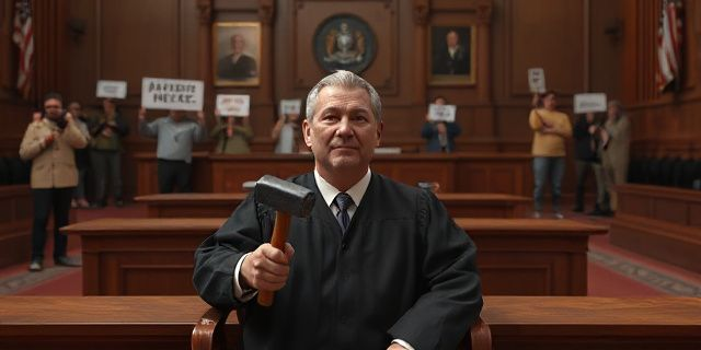 Una imagen de un juez sentado en un tribunal, con un martillo en la mano, y un fondo de personas protestando en la calle