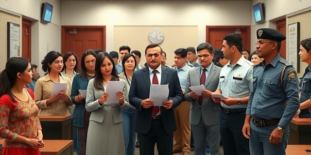 Un grupo de personas con documentos en la mano, rodeadas de funcionarios y policías, en un entorno de oficinas gubernamentales