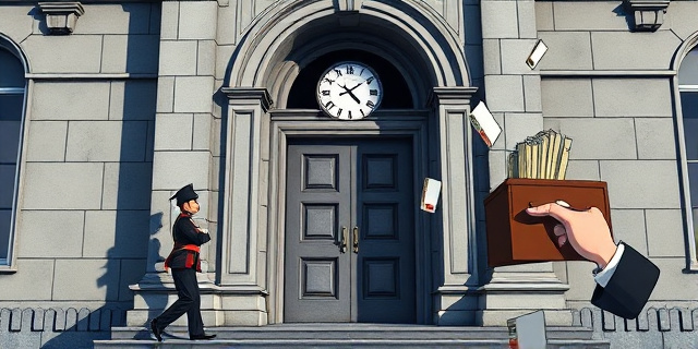 Una ilustración conceptual y satírica de un ayuntamiento antiguo y gris. En la puerta, un reloj marca las 13:00 del lunes, mientras que una sombra de un guardia civil se proyecta sobre la entrada. En el interior, se ven carpetas de archivos volando y una mano intentando cerrar un cajón rápidamente. Estilo editorial de periódico, colores contrastados, atmósfera de misterio y burocracia.
