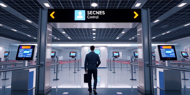 Una imagen de un control fronterizo digitalizado con una persona pasando por un arco de seguridad y una pantalla mostrando su información personal