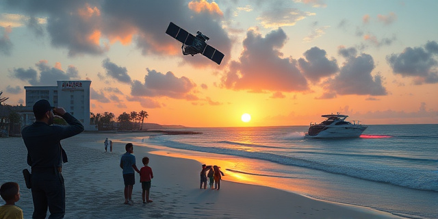 
  Una escena costera al atardecer donde un satélite en órbita envía imágenes borrosas de una lancha rápida en el horizonte. Al fondo, un edificio de Hacienda con un cartel que dice 