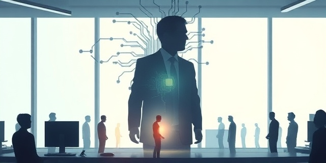 Una ilustración conceptual y satírica que muestre una silueta de un ejecutivo tecnológico gigante hecha de circuitos integrados, absorbiendo la luz y el conocimiento de pequeñas figuras humanas brillantes que se desvanecen. Estilo arte digital moderno, colores fríos, atmósfera de oficina futurista y minimalista, sin rostros definidos.