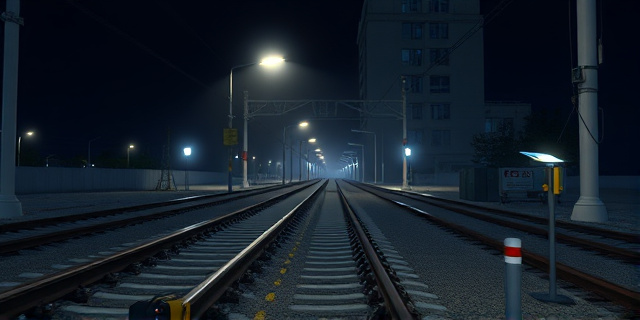 Una escena nocturna en una vía ferroviaria, con una sección de 42 metros de carril retirada bajo la luz de farolas y sombras de un rascacielos de oficinas administrativas. El entorno muestra una pista de tren en estado de mantenimiento, con cables de señalización desordenados y una cinta amarilla de advertencia. La atmósfera es sombría, con una niebla leve que envuelve la escena y resalta el contraste entre la noche y las luces de trabajo.