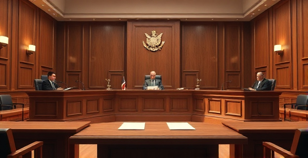 Sala de un tribunal de justicia con jueces sentados en un estrado, con un ambiente serio y documentos judiciales sobre la mesa