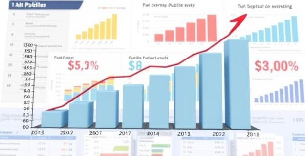 Imagen de una gráfica mostrando el incremento del gasto público en subvenciones en España, con un fondo de gráficos y estadísticas representando el aumento de los entes públicos y el dinero destinado a subvenciones.