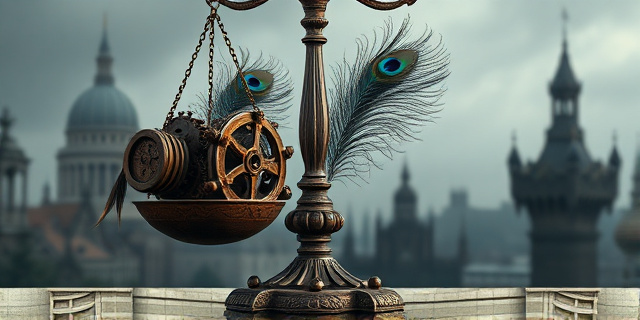 Una balanza antigua con un lado lleno de engranajes oxidados y el otro con plumas de pavo real. En el fondo, sombras proyectadas de edificios gubernamentales imponentes y fríos. Estilo artístico: realismo mágico con toques de expresionismo. Paleta de colores: grises, ocres y toques de azul intenso.