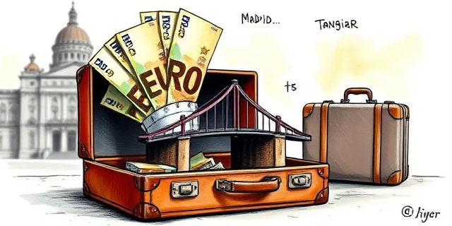 Una ilustración satírica al estilo caricatura editorial. Un maletín de cuero abierto del que brotan billetes de euro que se transforman en un puente que conecta Madrid con Tánger. Al fondo, una silueta borrosa de un edificio gubernamental y una maleta de viaje de lujo. Colores contrastados, estilo tinta y acuarela.