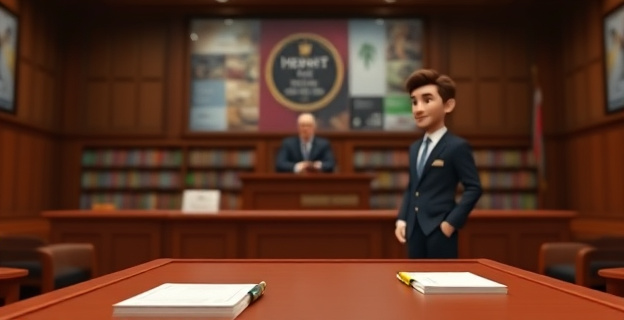 Una escena de un tribunal con un juez y un empleado de un hipermercado de pie, con un ambiente serio y documentos legales en las mesas. Al fondo, una imagen borrosa de un hipermercado.