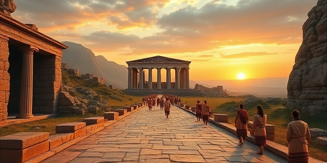 Un paisaje antiguo de la ciudad de Eleusis al atardecer, con columnas griegas parcialmente derruidas y un camino de piedra que lleva a un templo enorme iluminado por antorchas, sin rostros humanos, solo figuras de sombras y la atmósfera de una ceremonia secreta.