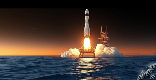 Ilustración de un cohete Starship despegando con una base de lanzamiento en el fondo y un mar en primer plano