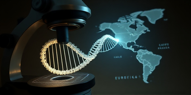 Una ilustración conceptual y oscura que muestra un microscopio antiguo analizando un fragmento de tela precolombina chilena, donde las fibras se transforman gradualmente en una cadena de ADN brillante y fragmentada que conecta un mapa de Europa con un mapa de América, estilo arte digital surrealista, tonos sepia y azul eléctrico.