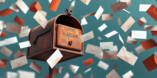 Una ilustración conceptual de un buzón de correo antiguo y oxidado flotando en un espacio digital moderno, con miles de sobres de papel volando hacia él, algunos sobres tienen sellos oficiales y otros están arrugados, estilo surrealista con colores contrastados.