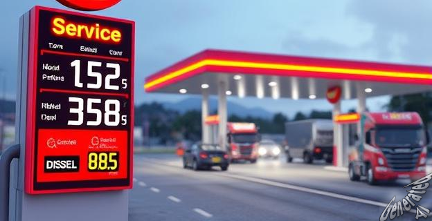 Una estación de servicio con diferentes precios de combustibles en un día soleado.