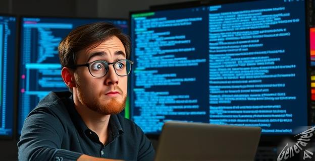 Un programador frente a una pantalla con código generado por IA, con una expresión de confusión y frustración.