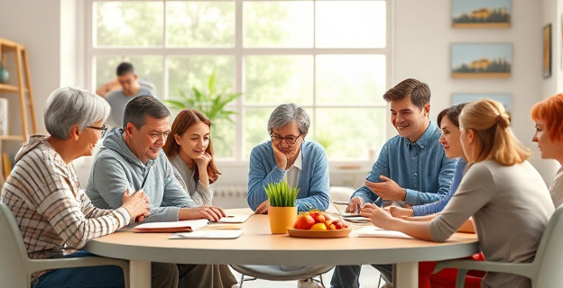 Una escena de un taller grupal donde personas de diferentes edades y géneros participan activamente, compartiendo historias y emociones en un ambiente de confianza y apoyo mutuo, con materiales y recursos visibles sobre inteligencia emocional.