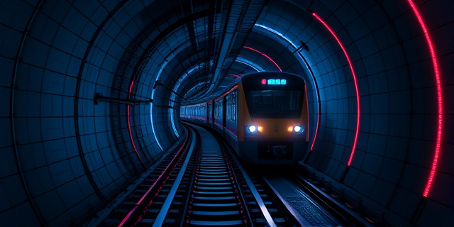 Un tren de inspección con cables de láser y sensores 3D recorriendo un túnel oscuro, con luces de neón y sombras que resaltan los contornos de las paredes de la vía, estilo futurista y tecnológico.