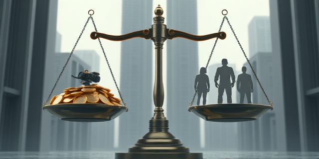 Una ilustración conceptual que representa una balanza. En un platillo, una pila de monedas de oro brillante y maquinaria futurista. En el otro, siluetas humanas desvaneciéndose, representadas en tonos grises y apagados. El fondo debe ser un paisaje urbano distópico con edificios altos y grises.
