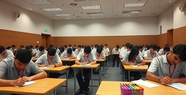 Sala de examen con numerosos aspirantes realizando una prueba escrita en un ambiente de concentración y expectativa, con papeles y bolígrafos sobre las mesas.