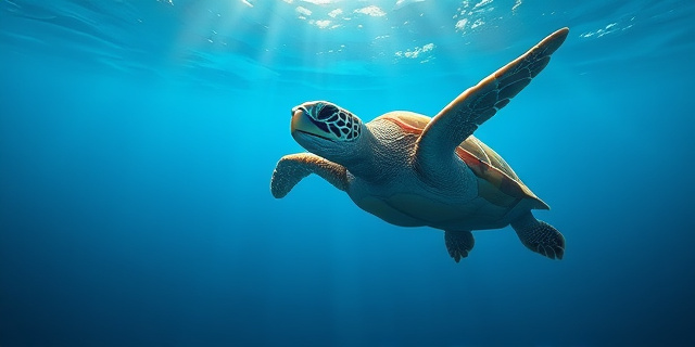 Una ilustración conceptual y artística de una tortuga marina nadando hacia la profundidad del océano azul cristalino. La tortuga tiene rasgos mixtos, colores vibrantes y un pico distintivo. Estilo cinemático, luz solar filtrándose a través del agua, atmósfera de libertad y renacimiento, sin texto ni rostros humanos.
