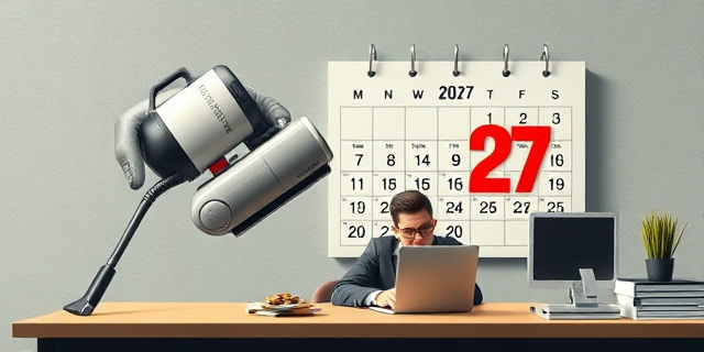 Una ilustración conceptual y satírica. Una mano gigante y burocrática, vestida con un traje gris formal, sosteniendo una aspiradora pequeña que succiona monedas brillantes de la mesa de un trabajador autónomo cansado. Al fondo, un calendario gigante que marca el año 2027 con un signo de exclamación rojo. Estilo editorial de revista económica, colores sobrios con contrastes fuertes, atmósfera de oficina grisácea.