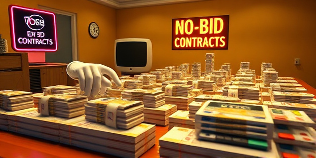 
  Una mesa de contratación pública gigante, estilo tablero de ajedrez distorsionado, donde las piezas son billetes de 500 euros apilados como fichas de dominó. Al fondo, una mano invisible (con guante blanco) empuja los billetes hacia un cajón marcado ‘URGENTE’, mientras en la esquina superior izquierda hay un cartel de neón parpadeante que dice ‘CONTRATOS SIN CONCURSO – 2.400M’. La luz es cálida y amarillenta, como en una oficina de los años 70, pero con un toque cyberpunk en los cables que conectan los billetes a un ordenador cuyo monitor solo muestra el logo de un partido político. En primer plano, una calculadora rota con los botones ‘COMPETENCIA’ y ‘TRANSPARENCIA’ atascados. Estilo fotografía documental irónica con toques de surrealismo político