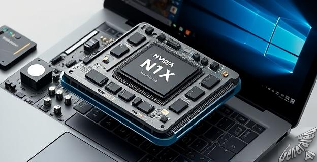 Un diagrama de bloques del SoC NVIDIA N1X con una CPU Arm y una gráfica integrada de 6.144 CUDA Cores, rodeado de componentes de un portátil con Windows 11.