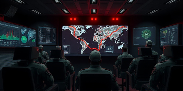 Una sala de operaciones militares con pantallas de datos, mapas de la ciudad y soldados en uniforme, frente a una gran pantalla que muestra un mapa de contagio de zombis con líneas de fuego y zonas de riesgo. El ambiente es oscuro, con luces rojas y verdes, y se visualizan figuras de zombis estilizadas en el fondo.