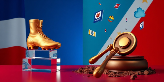 Una ilustración satírica y conceptual. En un lado, un elegante botín de fútbol dorado sobre un pedestal de cristal. En el lado opuesto, un mazo de juez y un sello oficial rotos y cubiertos de barro. Fondo dividido entre el azul sofisticado de Francia y el rojo vibrante de Paraguay, con fragmentos de pantallas de redes sociales flotando como cristales rotos.