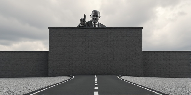 Una carretera sinuosa que se detiene abruptamente frente a un muro de ladrillos grises. Sobre el muro, una sombra que recuerda a una figura oficial, con un gesto de indiferencia. El cielo, nublado y amenazante. Estilo pictórico, colores apagados y texturas rugosas.