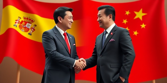 Un hombre con un traje y corbata, sonriendo y estrechando la mano de un hombre con un traje tradicional chino, mientras un fondo de banderas de España y China ondea detrás de ellos