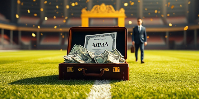 Una ilustración satírica al estilo editorial de revista. Un maletín de cuero abierto del que salen billetes y un diploma de MBA, situados sobre un césped de fútbol perfectamente cortado. Al fondo, una silueta borrosa de un ejecutivo con traje elegante caminando hacia una puerta dorada, bajo una lluvia de confeti en forma de monedas. Colores contrastados, estilo conceptual y cínico.