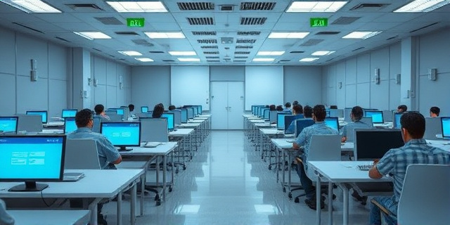 Una sala de examen con aspirantes sentados en filas, con un dispositivo de tecnología avanzada en cada mesa para detectar dispositivos electrónicos ocultos