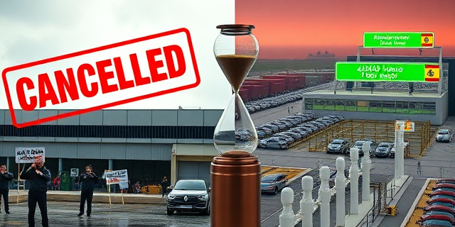 
  Una imagen surrealista que contraste dos escenarios:
  A la izquierda: Una fábrica española de Renault en Valladolid o Palencia, con obreros en huelga frente a una mesa de negociación vacía, mientras un cartel gigante muestra cifras rojas (180.000 coches cancelados, 2.200 empleos en riesgo). La fábrica tiene aspecto abandonado, con grúas oxidadas y un cielo plomizo. Detalle clave: Un camión vacío con la matrícula de Renault, aparcado como símbolo de la partida.
  A la derecha: Una moderna fábrica marroquí en Tánger o Nador, con líneas de producción impecables, obreros con uniformes nuevos y un puerto gigante al fondo cargando contenedores de coches eléctricos. El cielo es azul, hay palmeras y un cartel brilla con números verdes (460.000 coches/año, 90% exportación). Detalle clave: Un reloj de arena gigante derramando arena de España a Marruecos, mientras un ejecutivo de Renault sonríe en segundo plano, sosteniendo un cheque con el logo de un paraíso fiscal.
  Estilo visual: Fotografía documental con toques de distopía corporativa. Contraste de luces y sombras entre ambos lados, como en un cuadro de Magritte pero con datos reales. Sin rostros reconocibles, solo siluetas y símbolos.
  