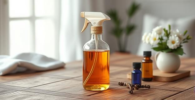 Una botella de spray con líquidos coloridos y aceites esenciales sobre una mesa de madera con ropa de cama blanca y fresca al fondo