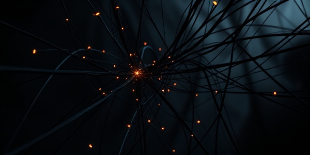 Una imagen abstracta que represente una telaraña intrincada de hilos oscuros, con pequeñas luces que simbolizan secretos y conspiraciones. El fondo debe ser oscuro y misterioso, con texturas que evoquen el poder y la corrupción. La composición debe ser dinámica y tensa, transmitiendo una sensación de peligro y manipulación. Estilo: neo-expresionismo abstracto.