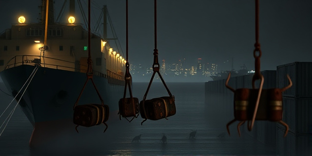 
  Una escena nocturna en un puerto industrial. Un barco mercante amarrado, con sus estachas iluminadas por focos amarillentos. En primer plano, varios discos guardarratas colgando torcidos, oxidados y claramente inutilizables, como si alguien los hubiera lanzado desde el barco en un gesto de resignación. Al fondo, siluetas de ratas moviéndose entre cajas de madera y sombras, mientras un muelle vacío se extiende hacia una ciudad con luces tenues. La atmósfera es opresiva, con niebla baja que envuelve los contenedores. No hay personas, solo la sensación de abandono y descuido. El color predominante es un gris sucio, con destellos metálicos oxidados en los guardarratas y rojizos en las luces del barco. Textura de pintura al óleo, estilo realista pero con un toque de surrealismo en la composición desequilibrada.