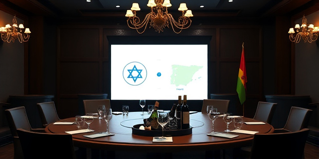 Una sala de conferencias de estilo internacional, con una mesa redonda de madera oscura y sillas elegantes. En el centro, un proyector muestra un mapa de Israel y España. Sobre la mesa, una bandeja con botellas de vino y copas, sin rostros visibles. La iluminación es tenue, con lámparas de araña que proyectan sombras suaves. Detalles de banderas de ambos países colgadas discretamente en la pared.