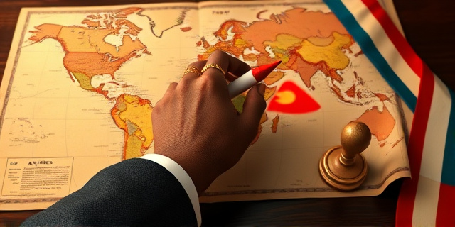 Una ilustración conceptual y satírica. Un mapa antiguo del mundo sobre una mesa de madera oscura, donde una mano con un anillo dorado y un traje elegante está redibujando las fronteras de África con un rotulador rojo grueso. Al lado, una banda presidencial tricolor y un sello oficial de caucho. Estilo editorial de revista política, iluminación dramática, enfoque en el detalle del mapa y la mano.