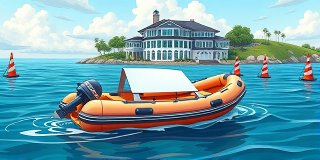 Una ilustración satírica de una lancha neumática en el mar donde el nombre de la institución ha sido tapado con una cinta adhesiva blanca. Al fondo, una mansión costera rodeada de cámaras de seguridad y conos de prohibido el paso flotando en el agua. Estilo caricatura editorial de periódico, colores vibrantes pero con un toque cínico.