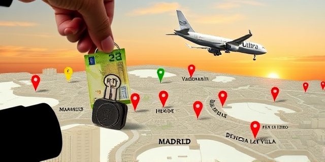 Ilustración conceptual de un mapa de Madrid con chinchetas de colores marcando propiedades de lujo (Valdemarín, Puerta de Hierro, Dehesa de la Villa). En el centro, una mano sombría cuenta billetes de euro que se convierten en llaves de casas. Al fondo, un avión despegando con el logo de Plus Ultra y un sol poniente sobre Dubái. Estilo collage satírico, sin rostros reconocibles.