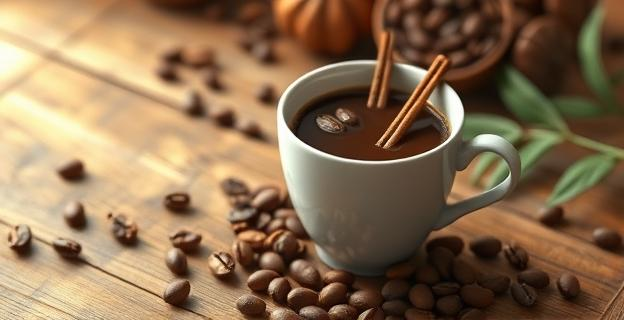 Una taza de café con especias aromáticas en una mesa de madera, rodeada de especias y granos de café