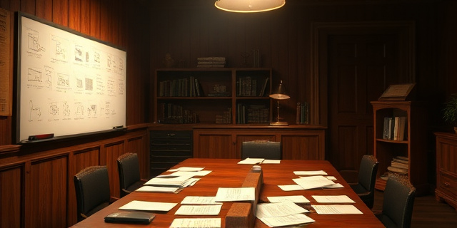 Una sala de reuniones tenue, con una mesa de madera desgastada y una pizarra llena de diagramas. Documentos esparcidos sobre la mesa, una lámpara de escritorio que proyecta sombras largas, reflejando la tensión y la ambición política.