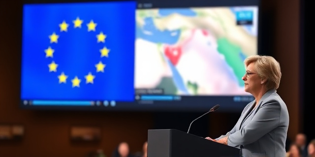Una imagen de Ursula von der Leyen hablando en una conferencia con una bandera de la UE detrás, mientras se proyectan noticias de conflictos en Oriente Medio en una pantalla grande al lado.