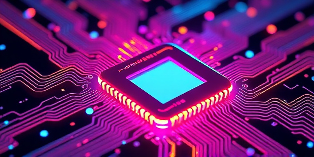 Una representación artística y conceptual de un microchip futurista donde la luz se comporta como ondas líquidas y coloridas que se entrelazan. Estilo macrofotografía tecnológica, con patrones geométricos complejos y colores neón vibrantes sobre un fondo oscuro de silicio, evocando la idea de interferencia óptica y computación lumínica.