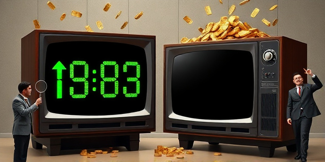 Una ilustración satírica de un televisor antiguo donde la pantalla está totalmente negra, pero un contador digital gigante al lado marca un número absurdamente alto con flechas verdes hacia arriba. Alrededor, personas con trajes ejecutivos miran el televisor con lupas y expresiones de incredulidad, mientras monedas de oro caen de la parte superior del televisor. Estilo arte conceptual editorial, colores contrastados, atmósfera de oficina corporativa surrealista.
