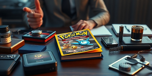Un álbum de cartas Pokémon sobre una mesa, rodeado de efectos personales y objetos de lujo, con una sombra de un hombre de negocios en el fondo