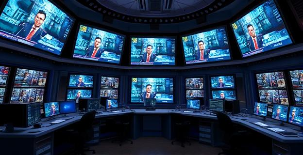Imagen de una sala de redacción de una cadena de televisión con pantallas mostrando noticias y gráficos de edición de video, con un ambiente de tensión y revisión de contenido