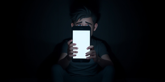 Una imagen de una persona sentada en una habitación oscura, con una pantalla de teléfono móvil apagada en la mano, rodeada de sombras y con una expresión de confusión y tristeza en el rostro.