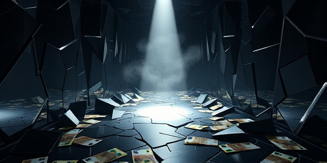 Una representación conceptual de un laberinto de espejos rotos con billetes de euro esparcidos por el suelo. Un foco de luz ilumina un único camino, pero está bloqueado por una cortina de humo. Estilo hiperrealista, colores oscuros y contrastados.