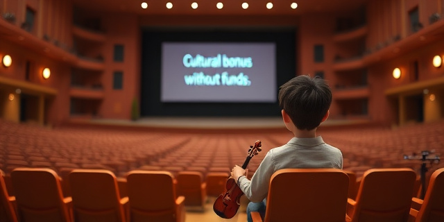 Un joven sentado en una sala de conciertos vacía, con un instrumento musical en la mano y una expresión de tristeza en el rostro. En el fondo, una pantalla con un mensaje que dice 